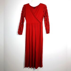 Zattcas V-Neck Gown with Bishop Lace Long Sleeves Dress | Large | Red